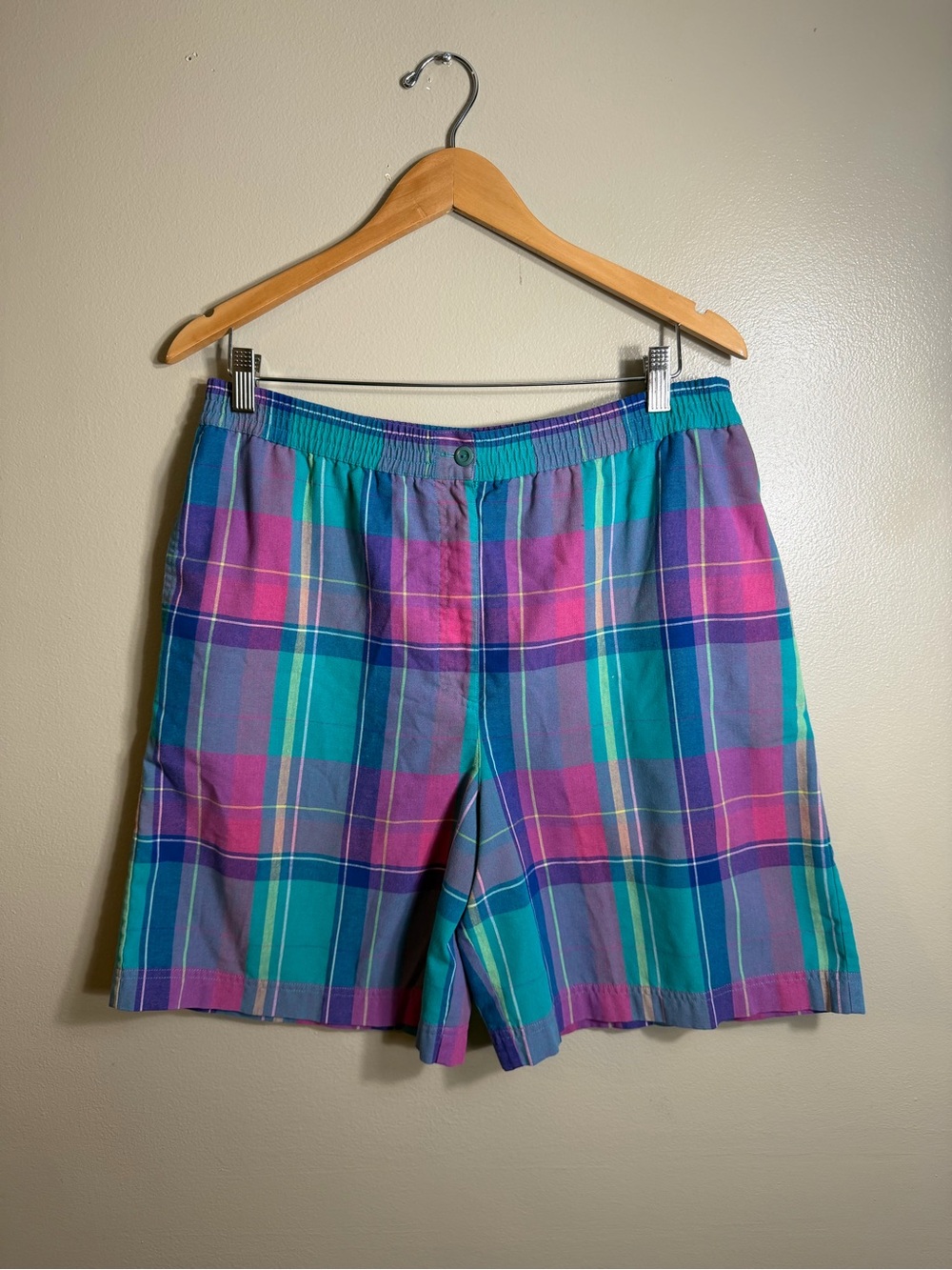 Vintage Jantzen Plaid Shorts Sz 10 Teal Purple Pink Preppy 80s 90s Elastic Waist